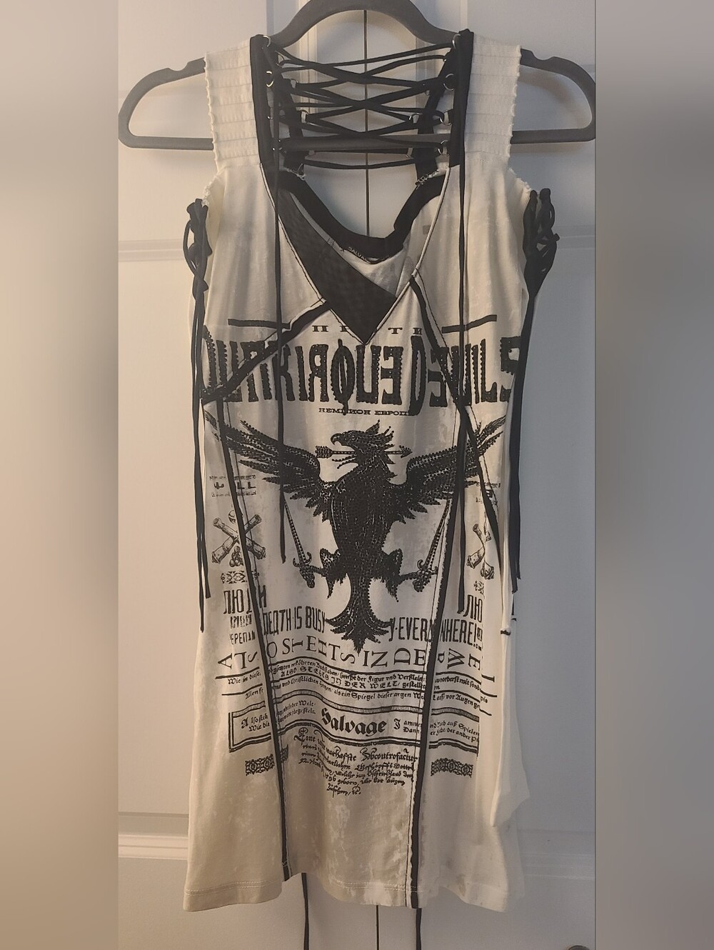 Salvage Y2K Lace Up Graphic Mini Dress XS Cream Black Gothic Punk - Picture 10 of 10